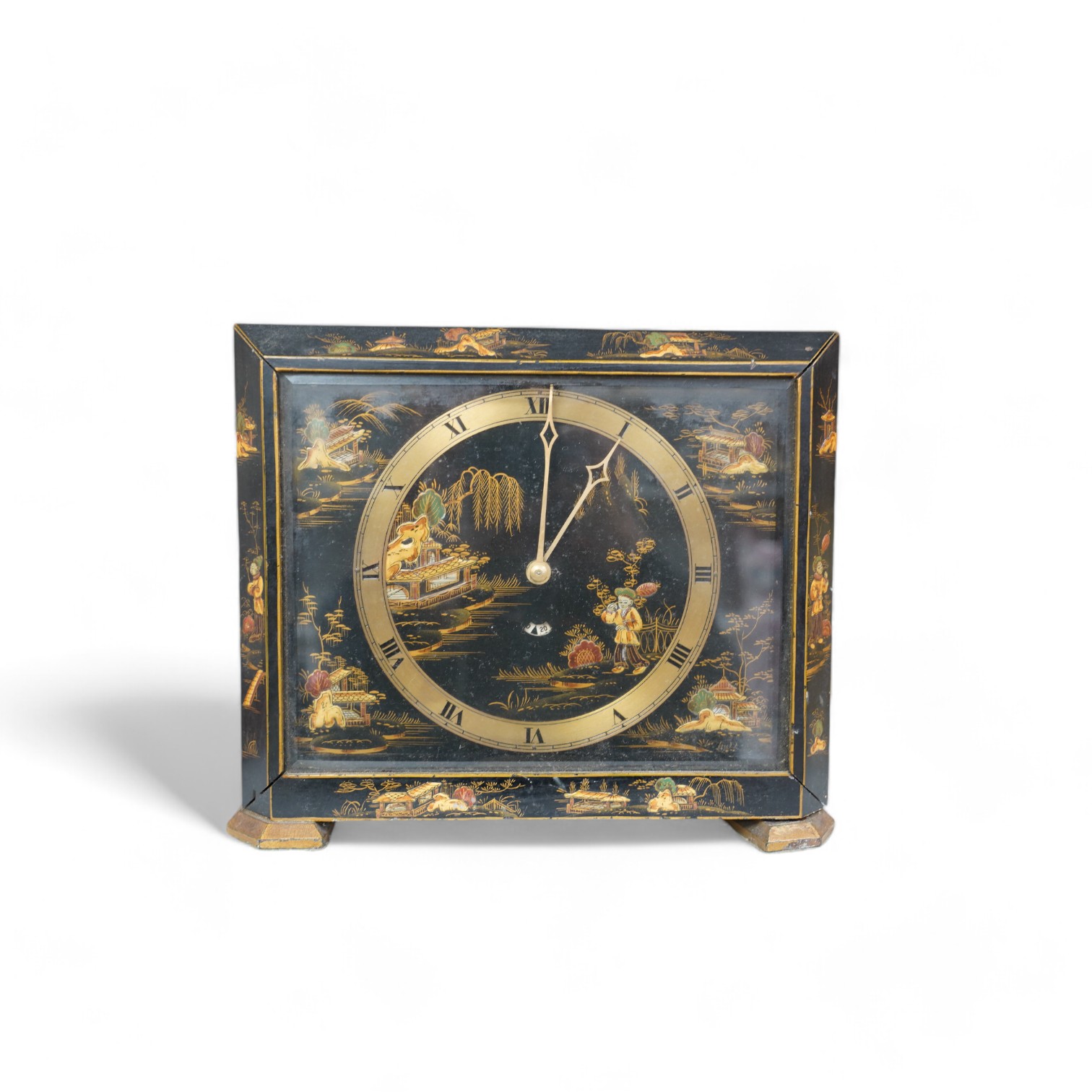 An Art Deco chinoiserie japanned mantel clock, with Smiths electric movement, 23cm tall. Condition - fair, not currently working